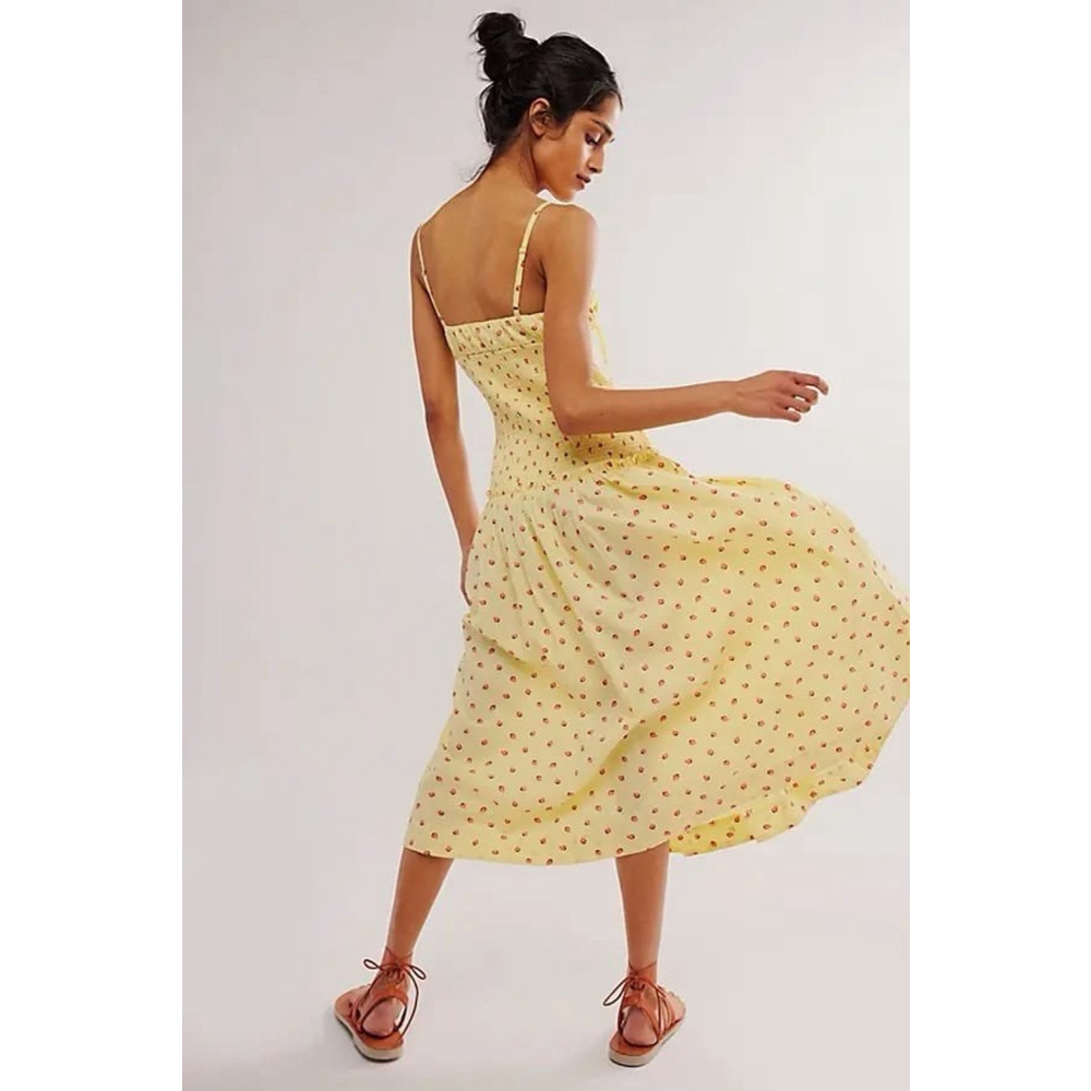 Free People Lavender Daze Midi Dress Sz S Yellow Strawberry Drop- Waist Smocked - Picture 6 of 13